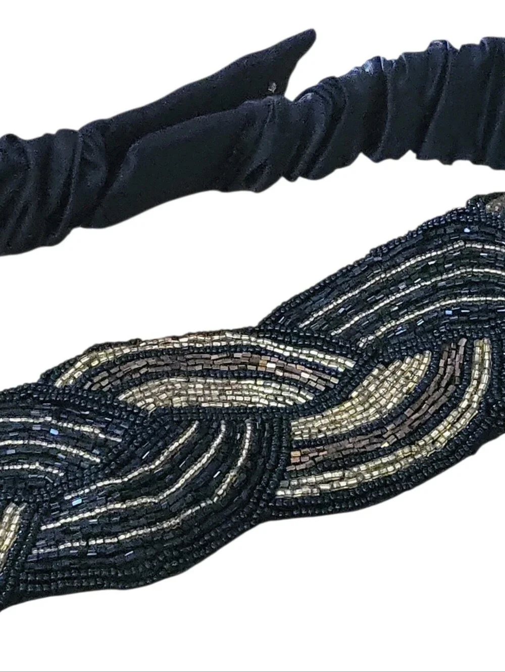 Vintage 90's Y2K Magid Black Satin Gold & Copper Beaded Statement Stretch Belt L